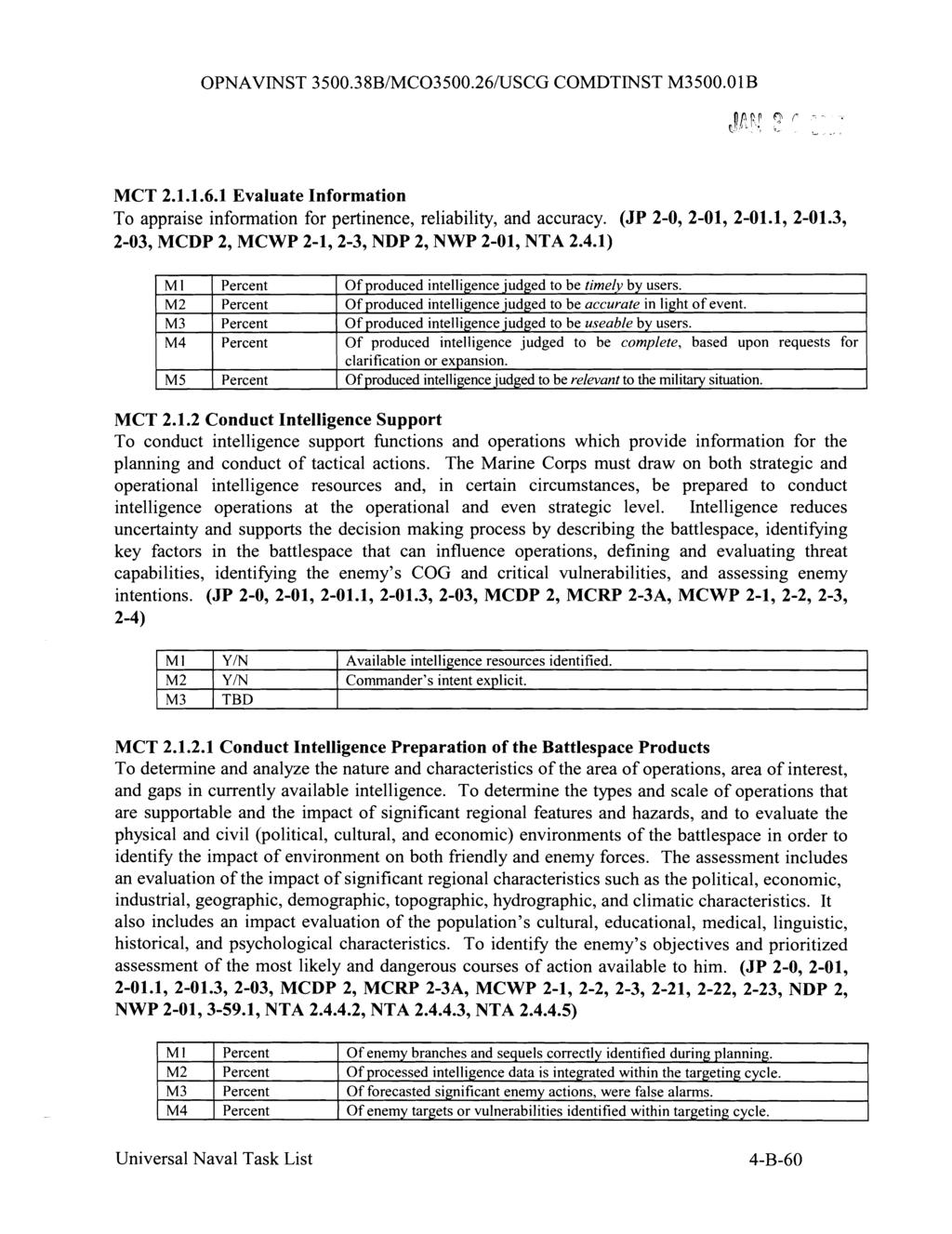 OPNAVINST 3500.38B/MC03500.26/USCG COMDTINST 500.0 1 B JCFB - a. MCT 2.1.1.6.1 Evaluate Information To appraise information for pertinence, reliability, and accuracy. (JP 2-0, 2-01, 2-01.