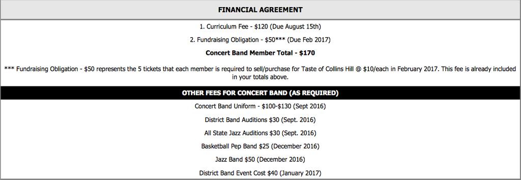 CONCERT ONLY MEMBER (NEW OR RETURNING): How are the fees used? Nearly half of all fees collected are used to fund direct instruction of band students.