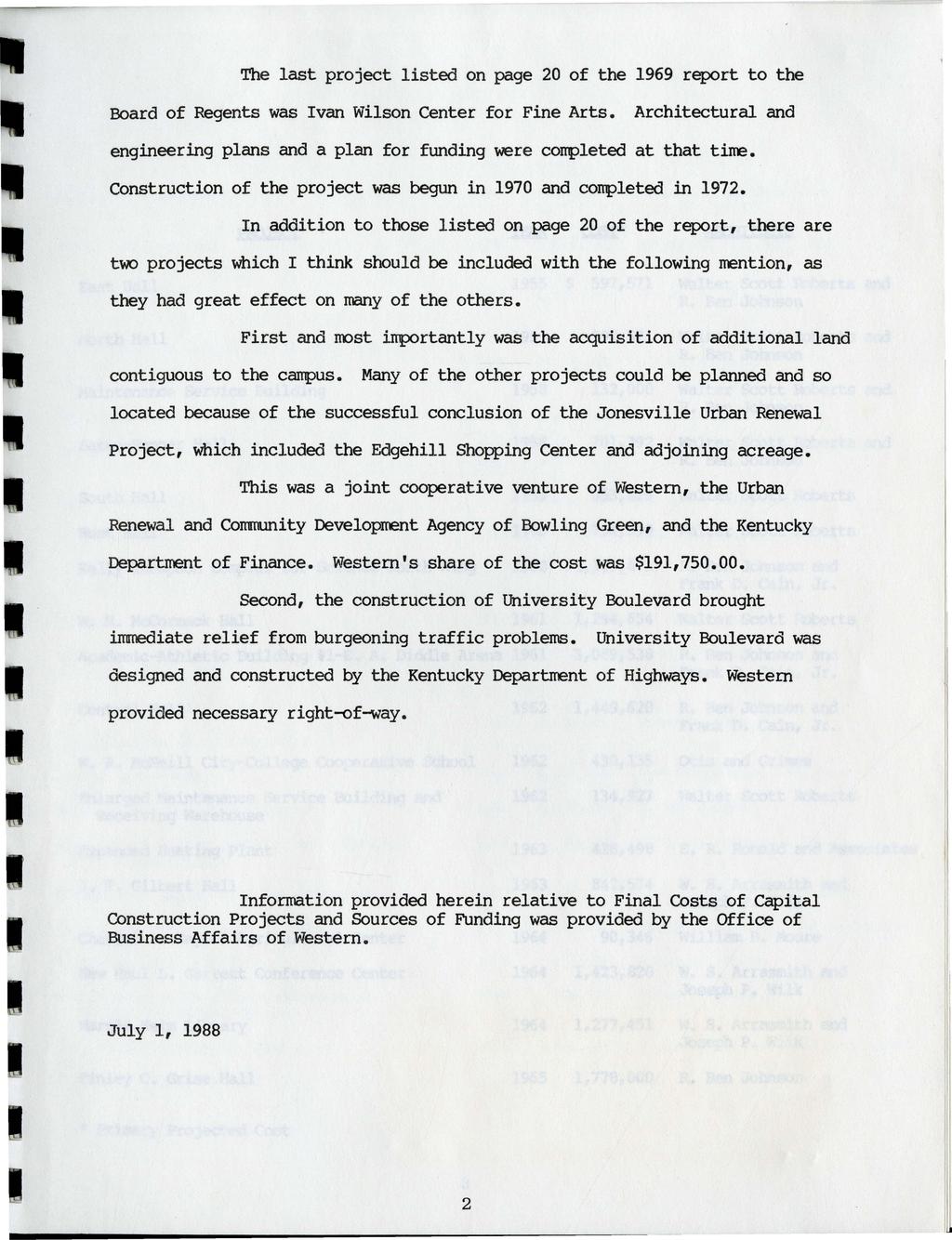 The last project listed on page 20 of the 1969 report to the Board of Regents was Ivan Wilson Center for Fine Arts.