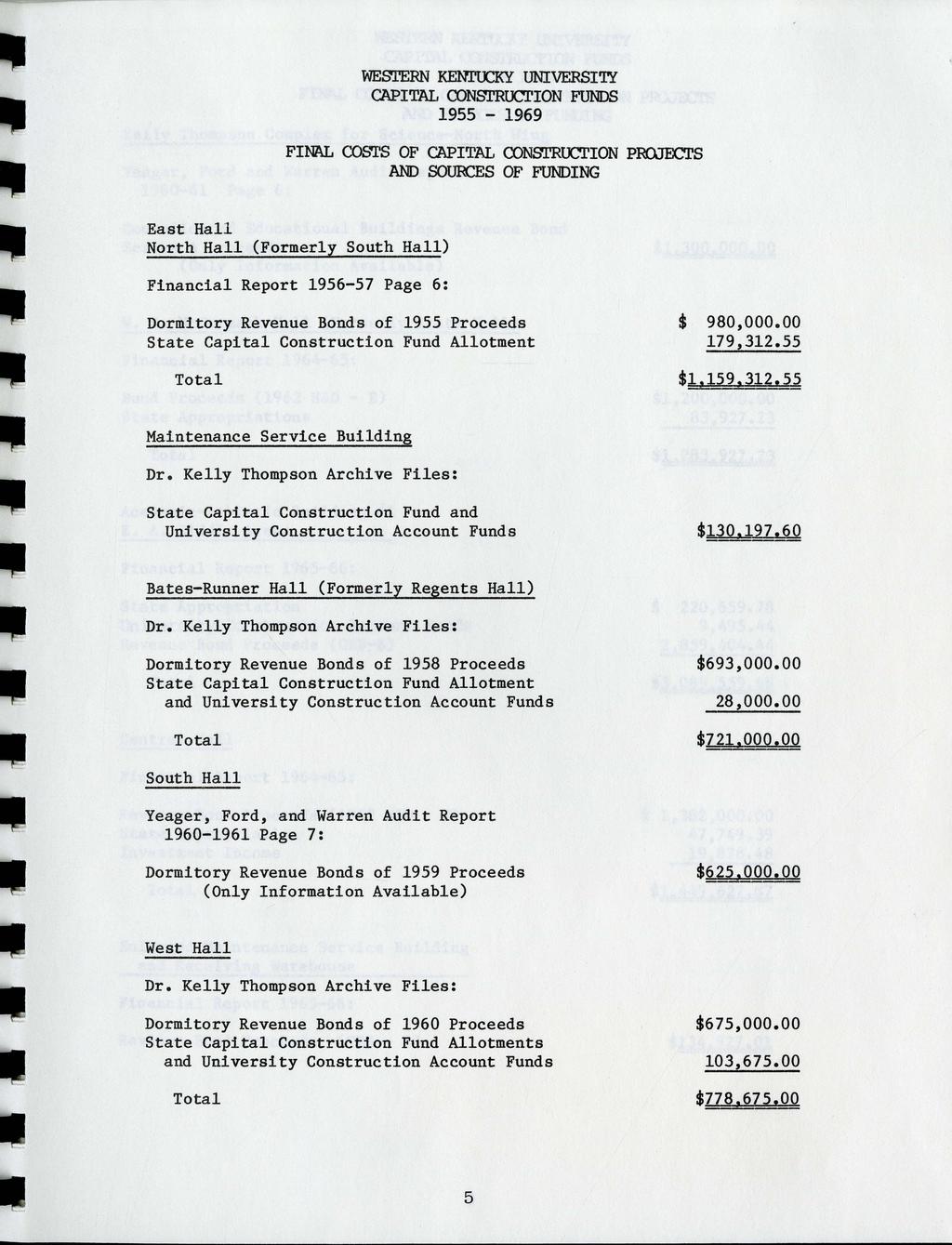 WESI'ERN KENI'OCKY UNIVERSITY CAPITAL CONsrRUCTION FUNDS FINAL COSTS OF CAPITAL CONSl'ROCTION PROOOCTS AND SOURCES OF FUNDING East Hall North Hall (Formerly South Hall) Financial Report 1956-57 Page