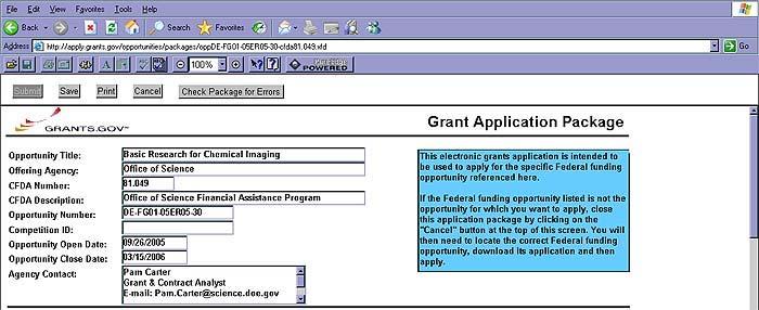 Completing - Processing - Submitting a Proposal using Grants.gov Overview of package Cover Page The Grants.gov Cover Page is divided into three sections.