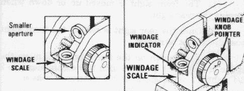 (Left) Unmarked aperture (Right) Windage knob. Front sight 1. The front sight is moved up or down when zeroing the rear sight 2.