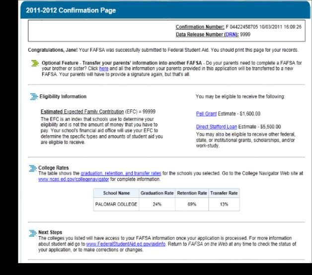 Confirmation Page Confirmation Number DRN Transfer FAFSA data