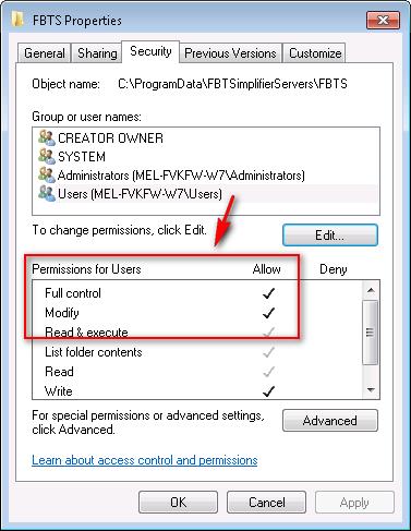 Folder permissions 4. Ensure the user(s) have Full control of the FBTS folder. Why do users need full control?
