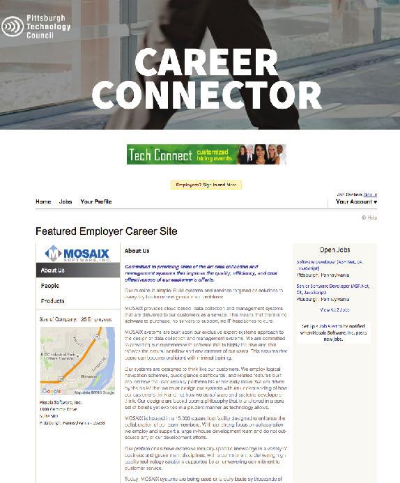 TAP INTO PITTSBURGH S TECH TALENT SECTOR HOMEPAGE BANNER AD FEATURED EMPLOYER PAGE FEATURED JOBS LISTING HOMEPAGE BANNER AD FEATURED JOBS LISTING PREMIER: 4 OPPS HOMEPAGE BANNER AD : Top center of