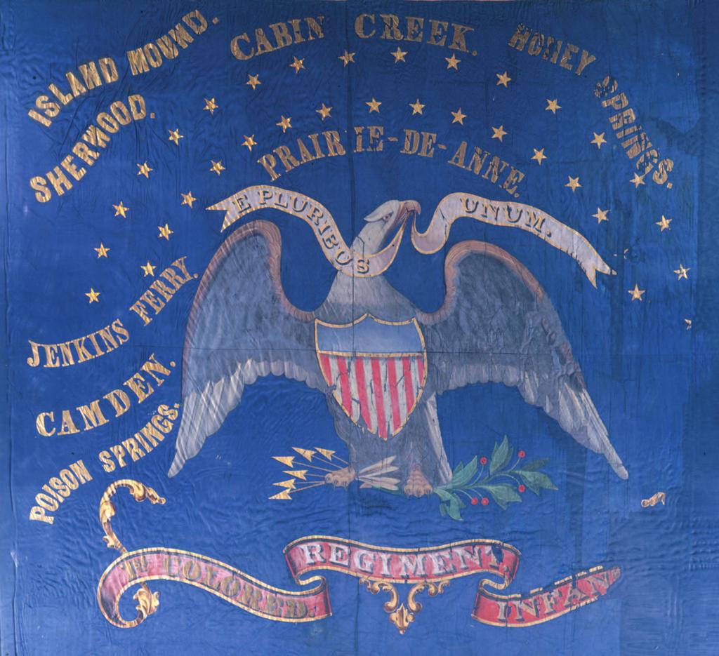 The flag of the st Kansas Colored Infantry This blue silk regimental flag was carried into battle by the st Kansas Colored Infantry, the Civil War s first African American regiment from a northern