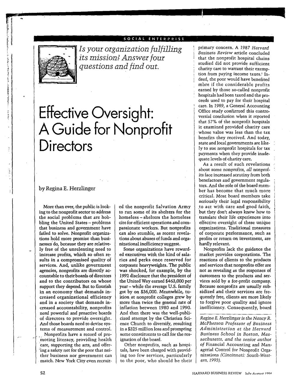 SOCIAL ENTER?RlS Is your organization fulfilling its missiont Answer four questions and find out. Effective Oversight: A Guide for Nonprofit Directors by Regina E.