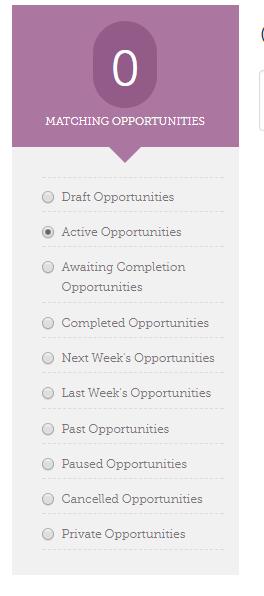 For example: Draft opportunities are those that you have not, yet, published Awaiting completion are waiting for you to report hours Past opportunities includes all your past