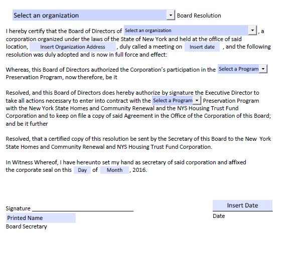 Exhibit F - Board Resolution *The form provided is a template. You are NOT required to use this specific form.