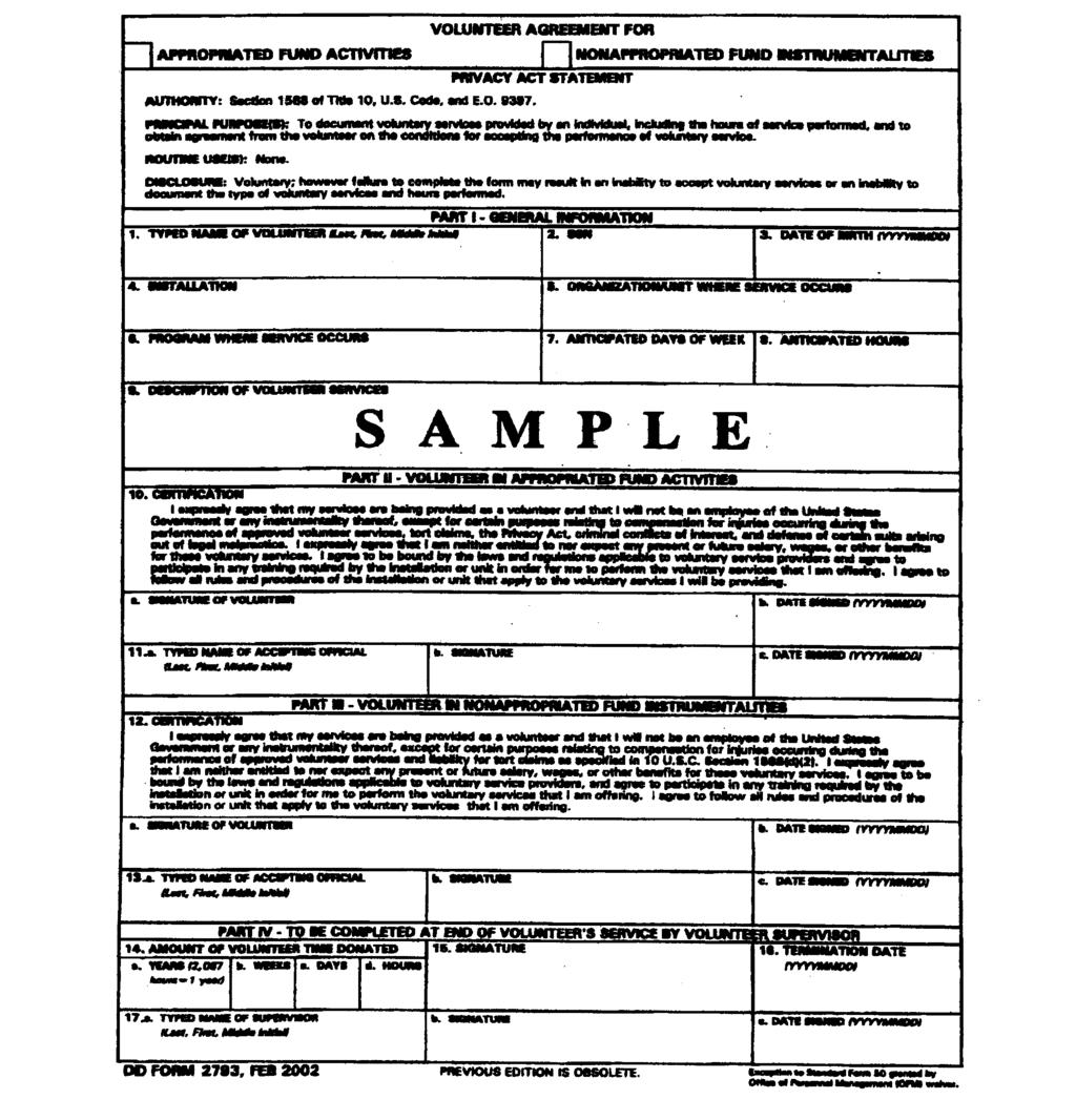 E5. ENCLOSURE 5 SAMPLE DD FORM 2793, "VOLUNTEER AGREEMENT FOR APPROPRIATED