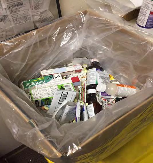 Other medications are emptied into a container provided by a waste disposal company. When the container is full, the company is notified to pick it up and dispose of it per state guidelines.