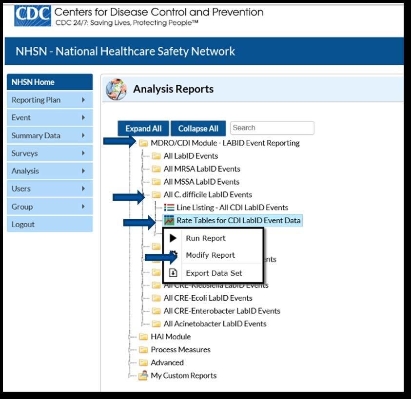 Analysis Reports Next Select Analysis>Reports MDRO/CDI Module All C.