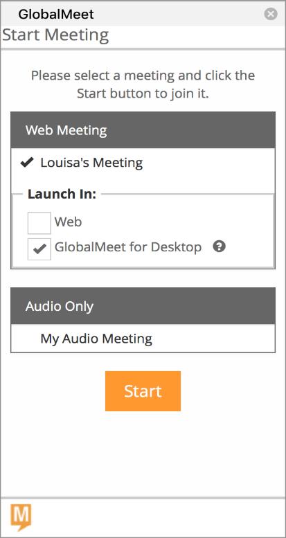 GlobalMeet opens the meeting window (web) or the Phone Controls and signs you in to the meeting as the host.