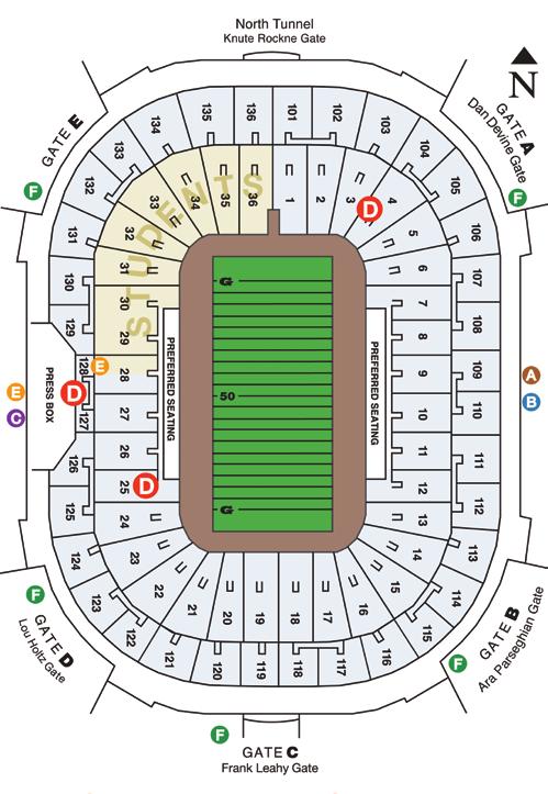 NOTRE DAME STADIUM SEATING DIAGRAM A B C Stadium Ticket Office Player Guests/ Will Call Public Elevator Press Box Entrance/ Credentials D Medical E F Public Safety Office Guest Service Booth GAME DAY