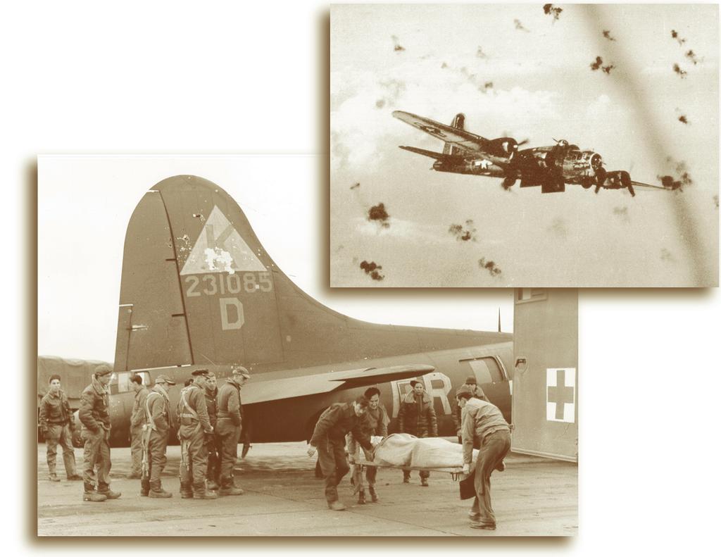 Chapter 4 - Air Power Goes to War An American B-17 braving anti-aircraft fire on its way to Germany. Damaged B-17 returns to base and unloads injured crew. issued to stop the air raids into Germany.