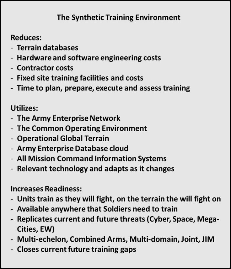 Synthetic Training Environment (STE) White Paper Combined Arms Center - Training (CAC-T) The Army s future training capability is the Synthetic Training Environment (STE).