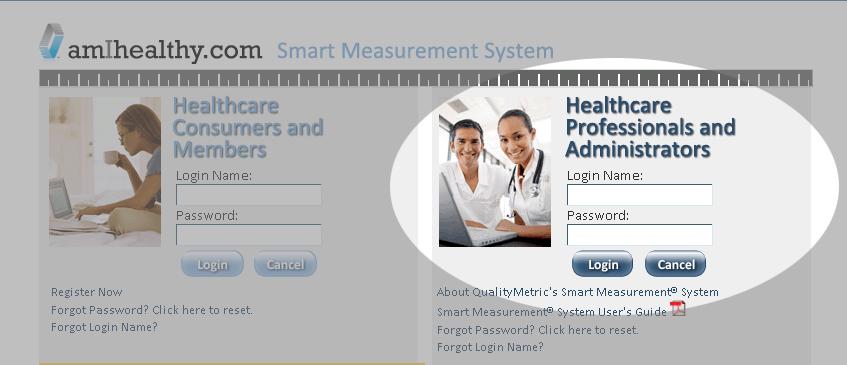 Smart Measurement System Page 8 Professional Login The first step in accessing the Smart Measurement System is logging in. 1. Go to www.amihealthy.com 2.