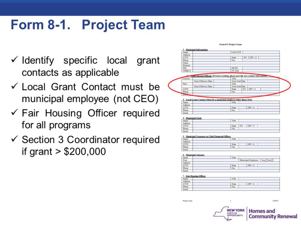 Form 8-1 identifies the key project team members. It serves the purpose of identifying specific local grant contacts, as they may be applicable to the grant.