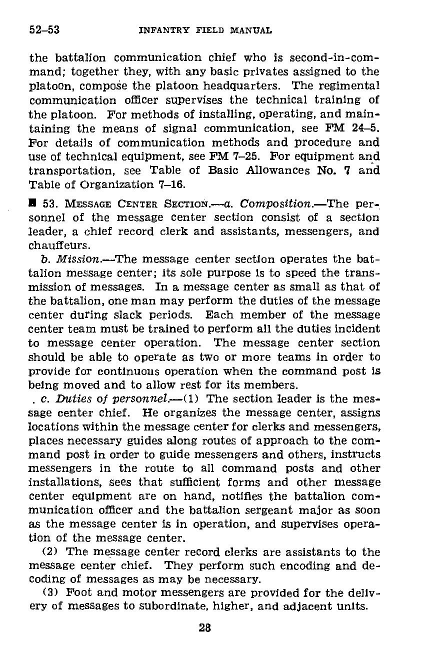 52-53 INFANTRY FIELD MANUAL the battalion communication chief who is second-in-command; together they, with any basic privates assigned to the platoon, compose the platoon headquarters.