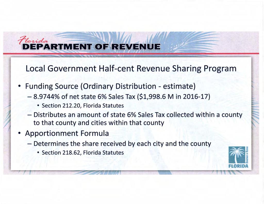 Local Government Half-cent Revenue Sharing Program Funding Source (Ordinary Distribution - estimate) - 8.9744% of net state 6% Sales Tax ($1,998.6 Min 2016-17) Section 212.