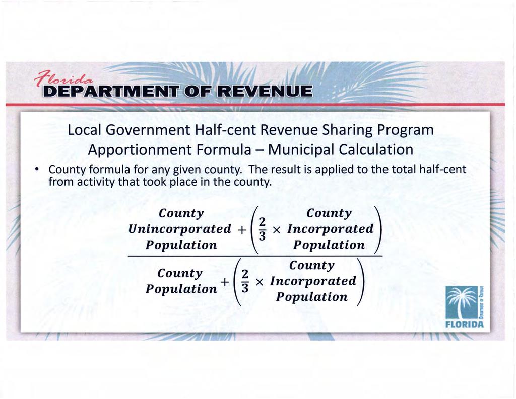 Local Government Half-cent Revenue Sharing Program Apportionment Formula - Municipal Calculation County formula for any given county.