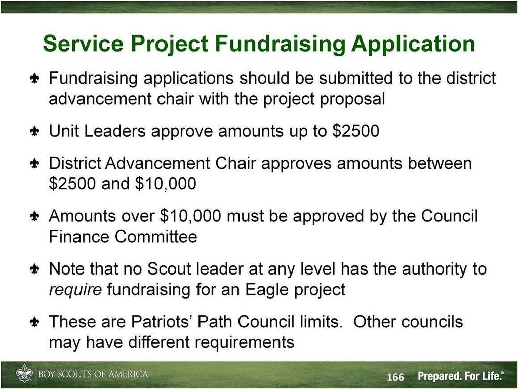 Fundraising applications should be submitted with the proposal, or as soon as it is clear during the proposal stage approximately how much money will be needed or what material donations will be