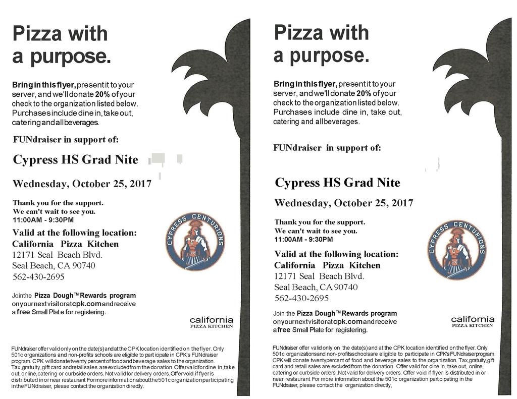 Cypress High School Grad Nite's next Meals Out Fundraiser will be next Wednesday October, 25th at CPK