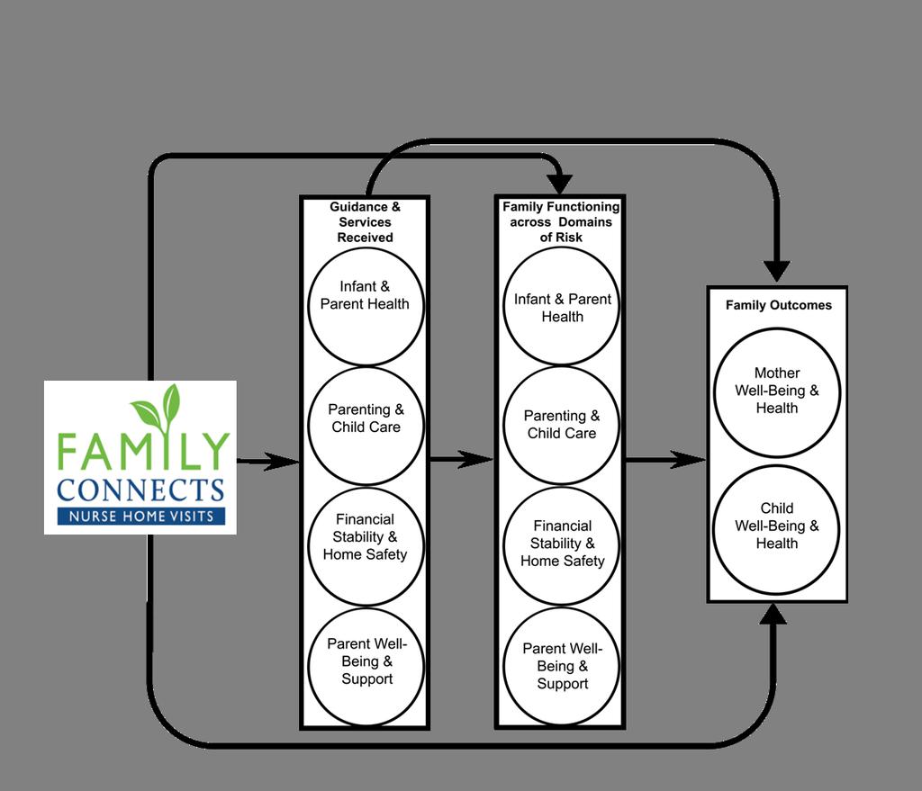 The logic model below (see Figure 1) depicts the Family Connects theory of change for infants and families.