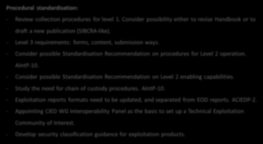 - Consider possible Standardisation Recommendation on Level 2 enabling capabilities. - Study the need for chain of custody procedures. AIntP-10.