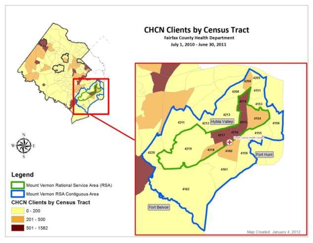 MAP 2: CHCN Clients by Census Tract (RSA, Contiguous, and County wide) All CHCN Clients (FY 2011) Mean - All CHCN clients inside RSA: 536 Mean -