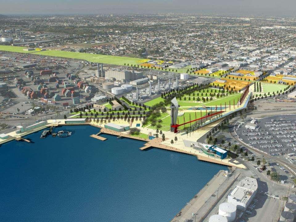 Aerial rendering of the new Wilmington Waterfront, from