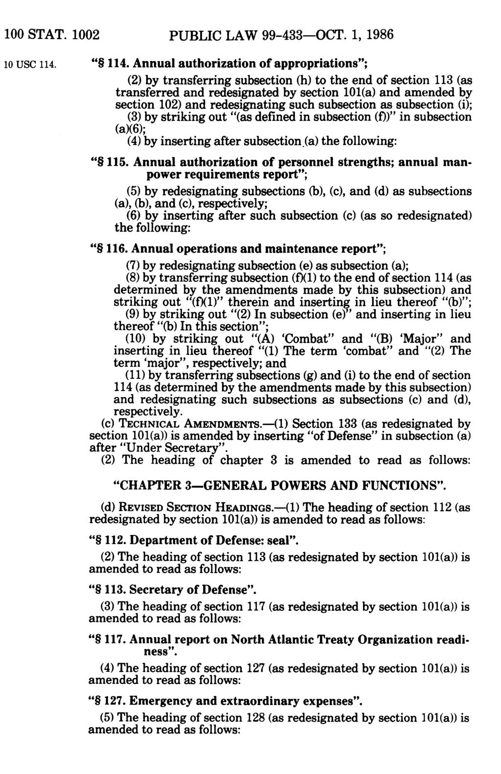 100 STAT. 1002 PUBLIC LAW 99-433-OCT. 1, 1986 10 USC 114.