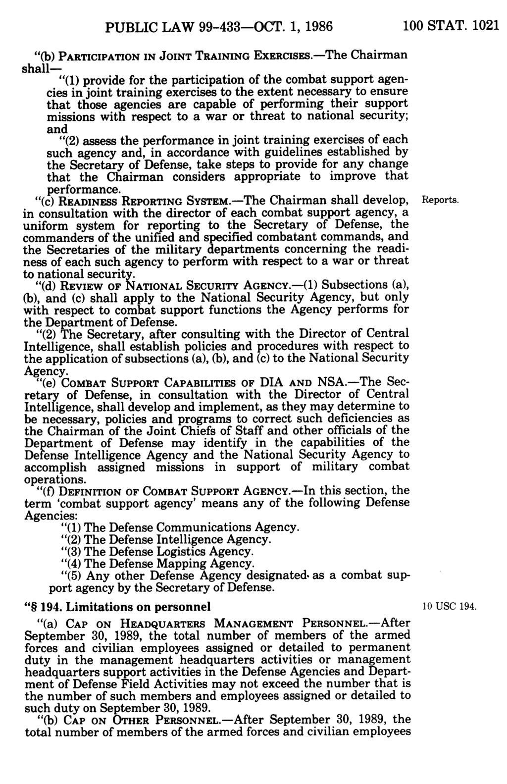 PUBLIC LAW 99-433-OCT. 1, 1986 100 STAT. 1021 (b) PARTICIPATION IN JOINT TRAINING EXERCISES.