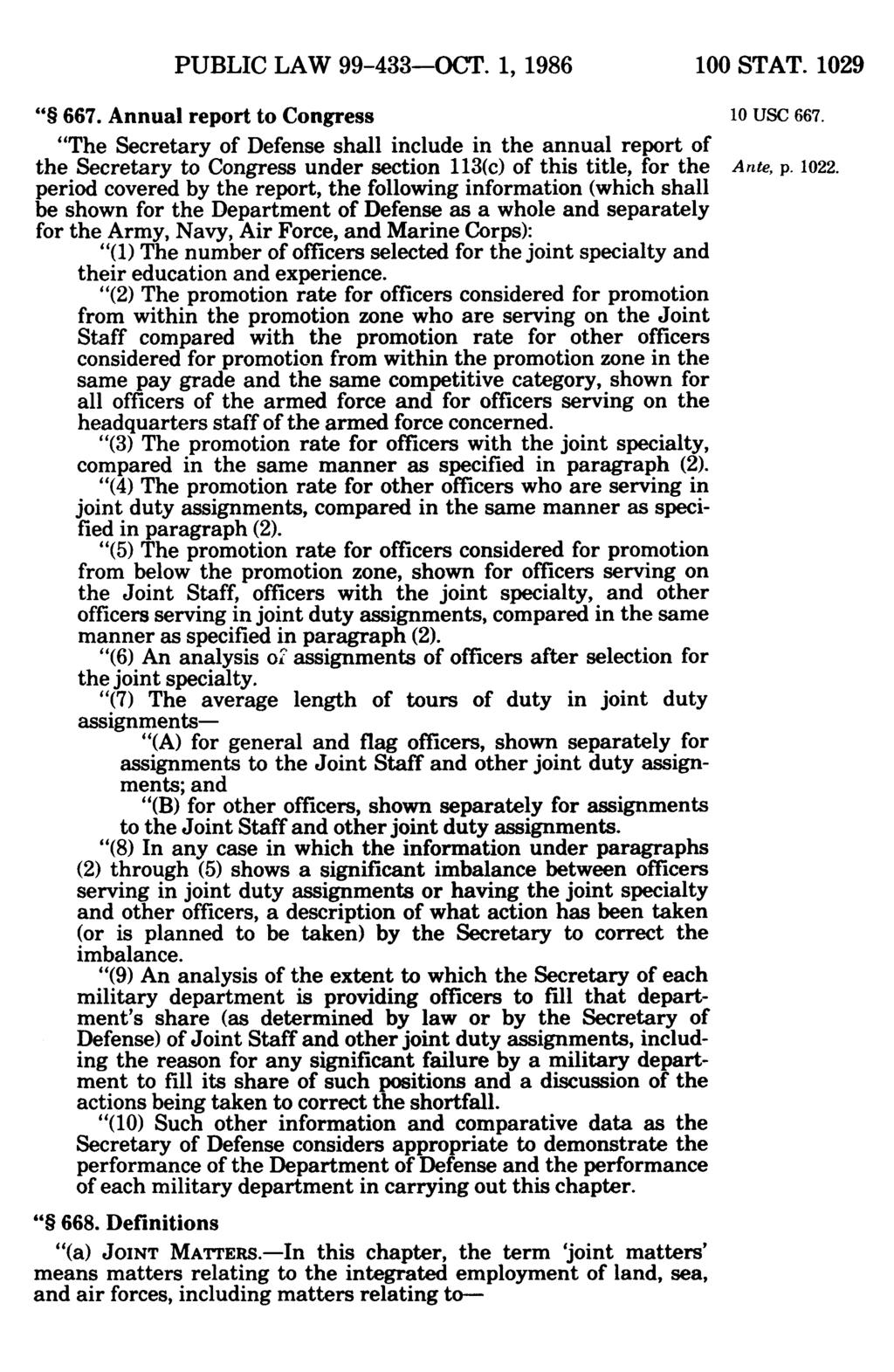 PUBLIC LAW 99-433-OCT. 1986 1, 100 STAT. 1029 667. report Annual to Congress 10 USC 667.