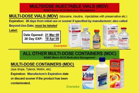 Expiration of Multi-Dose Vials (MDV) Discard 28 days after first use unless the manufacture specifies otherwise Does Not apply to Vaccines Reference: TJC Perspectives Jun 2010 Date MDV with the