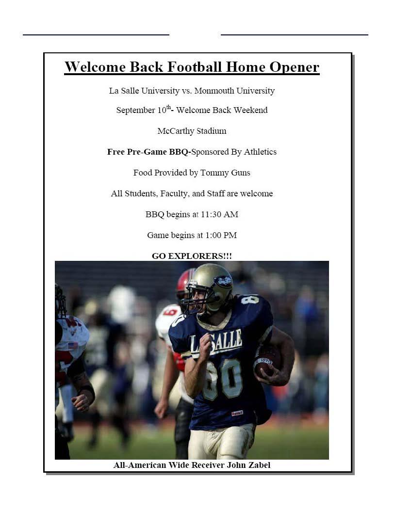 Campus News - Page 6 Sports \Velcome Back Football Home Opener La Salle University vs.