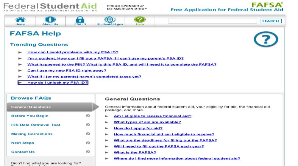 Know your Resources: https://fafsa.ed.gov/help.htm Know the Answers to Common Questions: How can I avoid problems with my FSA ID? How can I fill out a FAFSA if I can t use my parent s FSA ID?