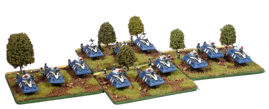 = 139 e) Mechanised Infantry Battalion 3 bases each with 3 models carrying Light Launchers and 8 infantry with small arms Base with 4 BW movement @ 2 each = 8 Base with 3 Defence dice @10 each = 30