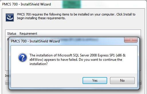 Figure 8: Installation error for SQL Server Express 6. Complete the rest of the PMCS wizard.