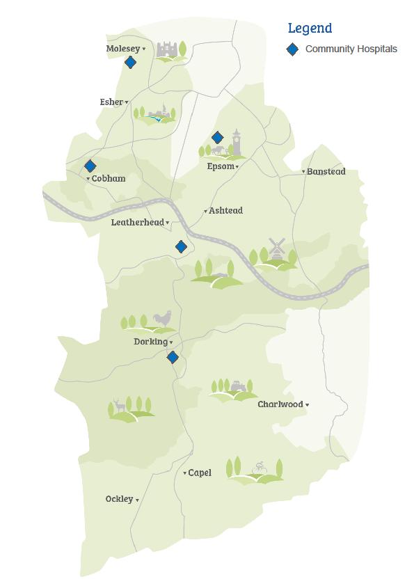 There are five community hospitals in the geographic area covered by Surrey Downs CCG (see map below).