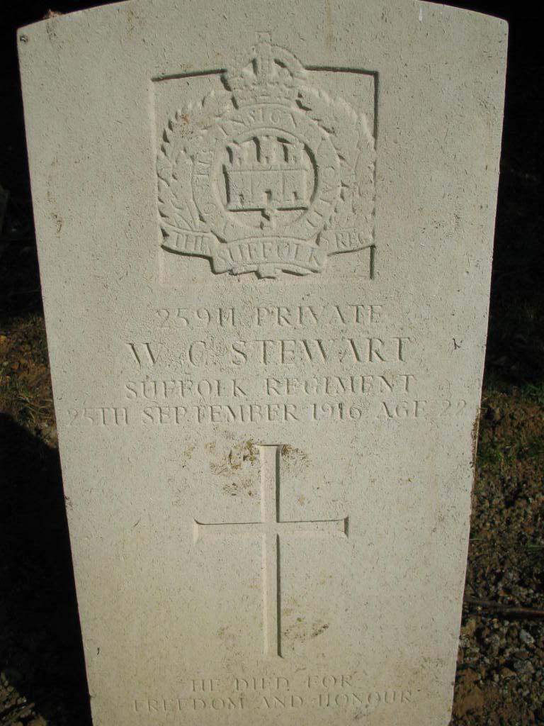 STEWART W Private 25911 William Charles STEWART. 1 st Reserve Garrison Battalion, Suffolk Regiment. Formerly (G/9178) The Buffs (East Kent Regiment). Died 25 th September 1916 aged 22 years.