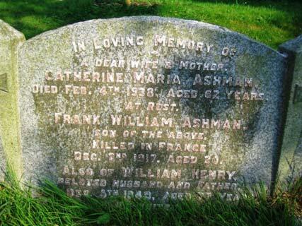 LOST MEN ASHMAN F.W Private 28817 Frank William ASHMAN. 11 th Battalion, Border Regiment. Formerly (86927) Middlesex Regiment. Died 2 nd December 1917 aged 20 years. Born Brabourne.