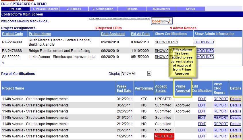 Note that the Prime Approval column is also listed with the Accept Status column that is to the left. The Prime Approver column will only be empty or marked with Approved.