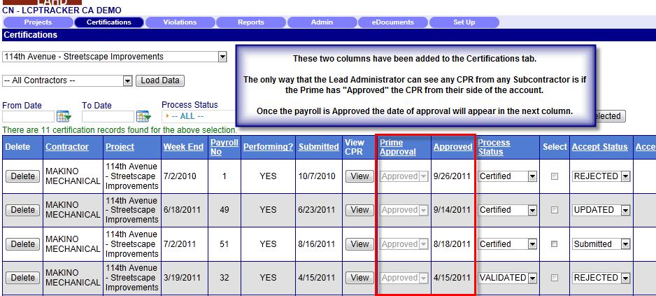 VIEW FROM THE ADMINISTRATOR S ACCOUNT Certifications Tab To Send the Prime Approver an Admin Notice If the Lead Admin wants to Reject a Subcontractor s payroll for some reason, there is currently no