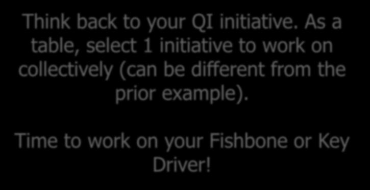 Identifying the problem Process Mapping Fishbone Key Driver Think back to your QI initiative. As a table, select 1 initiative to work on collectively (can be different from the prior example).