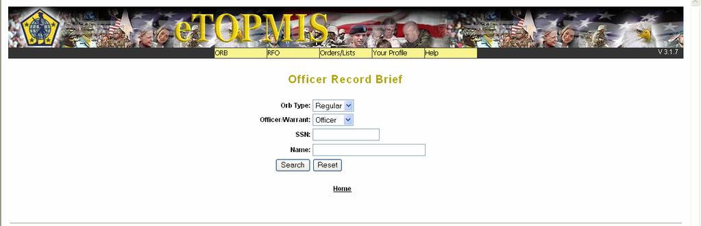 Demonstrate etopmis Once logged in the etopmis website, the Welcome/Overview menu appears. This is a list of services that are offered through etopmis. 1. CLICK Officer Record Brief. 2.