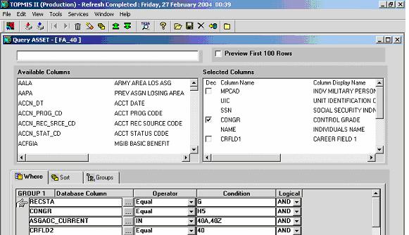 Overview ASSET II Query System Query Title Bar Preview First 100 Rows preview 100 records Query Selection Area - Available Columns Window contains all data elements - Selected Columns Window