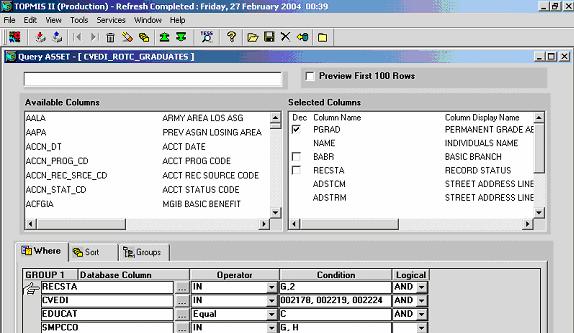 Overview ASSET II Query System Query Condition Builder Area - Where - Sort - sorts the order of the data elements displayed on your report - Syntax