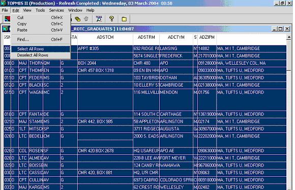 Overview ASSET II Query System Select All Rows will