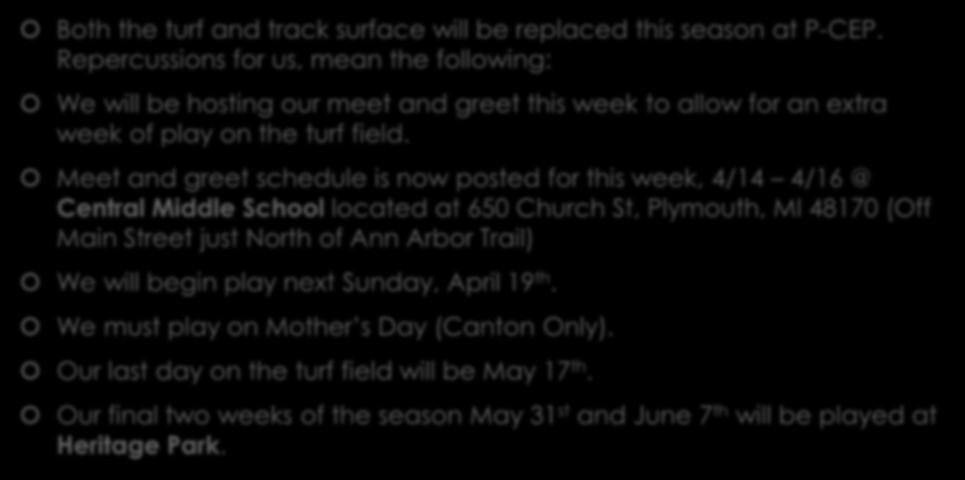 Meet and greet schedule is now posted for this week, 4/14 4/16 @ Central Middle School located at 650 Church St, Plymouth, MI 48170 (Off Main Street just North of Ann